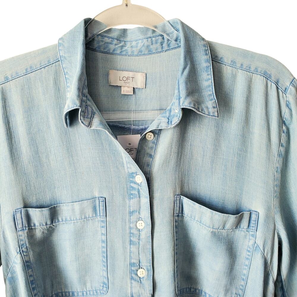 Loft Tencel Chambray Shirt Dress S Midi Coastal Preppy Casual Career Neutral NEW - Picture 2 of 8